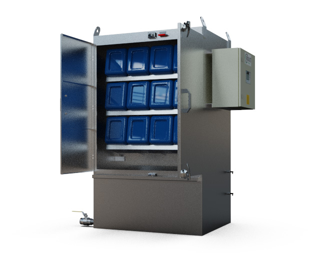 Rotajet pail washing machine with the doors open revealing 12 pailws inside ready to wash